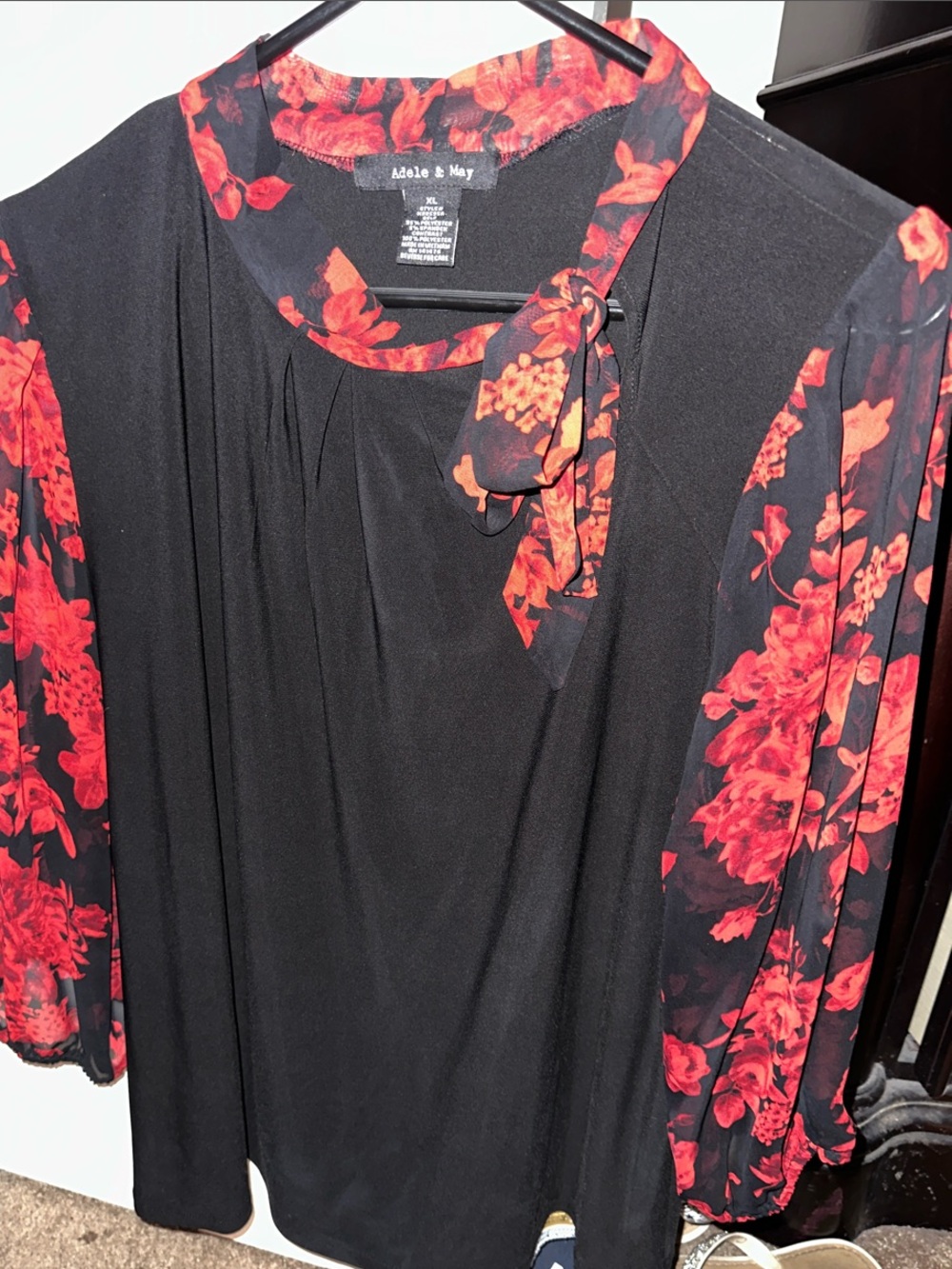 Black Blouse with Red Floral Sleeves